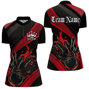 Custom Black And Red Flame Bowling Shirts For Women, Skull Halloween Bowling Team Outfits IPHW7205