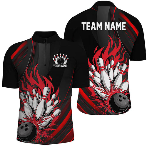 Personalized Bowling Shirts For Men, Black And Red Flame Bowling Team Shirts Bowlers Outfit IPHW7207