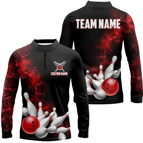 Custom Red Strike Bowling Long Sleeve Quarter-Zip Shirts For Men Team Jerseys Bowling League Shirts IPHW5469