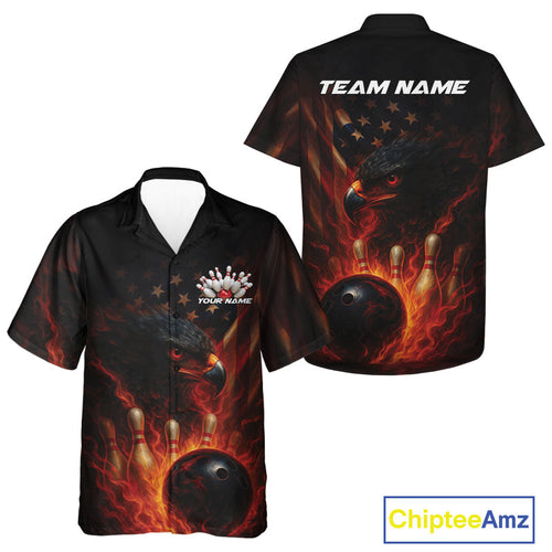 Custom Vintage Patriotic Flame Eagle Bowling Men And Women Shirts, US Flag Bowling League Shirt IPHW10145