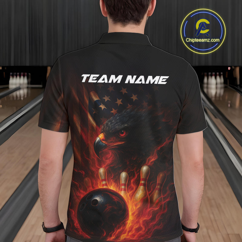Custom Vintage Patriotic Flame Eagle Bowling Men Shirts, US Flag Bowling League Shirt IPHW10145