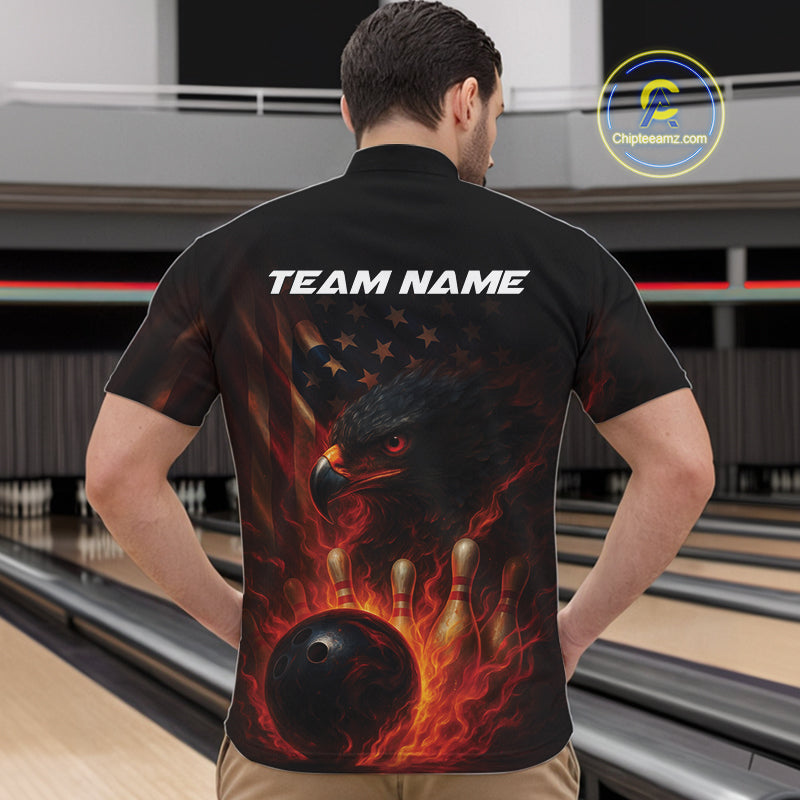 Custom Vintage Patriotic Flame Eagle Bowling Men Shirts, US Flag Bowling League Shirt IPHW10145
