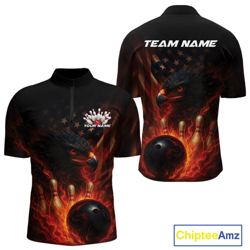 Custom Vintage Patriotic Flame Eagle Bowling Men Shirts, US Flag Bowling League Shirt IPHW10145