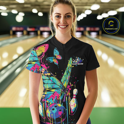 Custom Colorful Butterfly Bowling Team Shirt For Women, Ladies Bowling Outfits IPHW10154