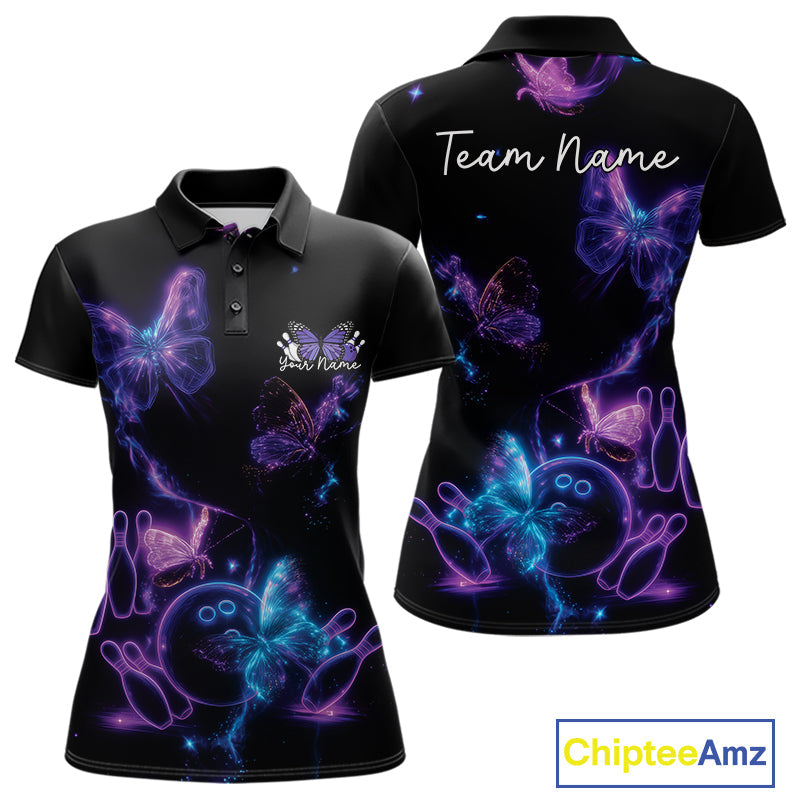 Custom Blue And Purple Butterfly Women Bowling Team Shirts, Ladies Bowling League Shirt IPHW10156