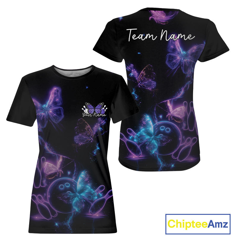 Custom Blue And Purple Butterfly Women Bowling Team, Ladies Bowling League IPHW10156