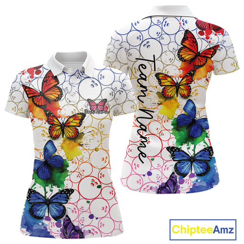 Custom Rainbow Colorful Butterfly Women Bowling Shirt, Watercolor Bowling Shirt IPHW10157