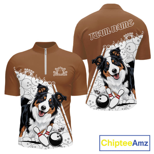 Custom Cute Funny Border Collie Dog Bowling Men Quarter-Zip Shirts, Dog Lovers Bowling Shirt IPHW10288