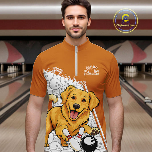 Custom Cute Funny Golden Retriever Dog Bowling Men Quarter-Zip Shirts, Dog Lovers Bowling Shirt IPHW10290
