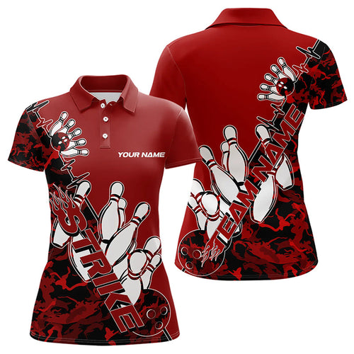 Custom Red Camo Strike Womens Bowling Polo Shirts, Strike Team Bowling League Shirt Shirt IPHW8443