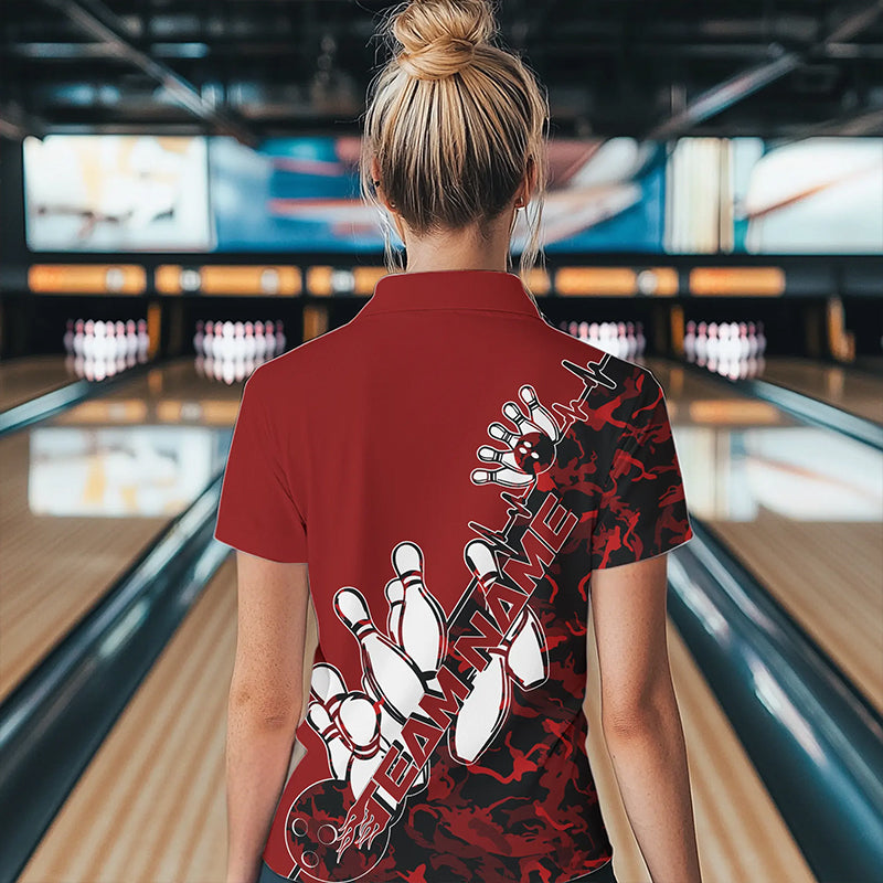 Custom Red Camo Strike Womens Bowling Quarter-Zip Shirts, Team Bowling League Shirt Shirt IPHW8443