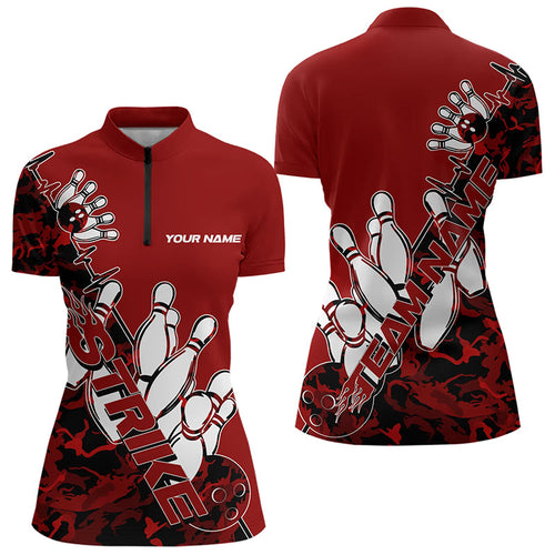 Custom Red Camo Strike Womens Bowling Quarter-Zip Shirts, Team Bowling League Shirt Shirt IPHW8443