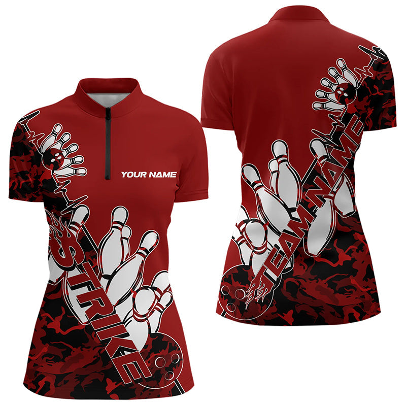Custom Red Camo Strike Womens Bowling Quarter-Zip Shirts, Team Bowling League Shirt Shirt IPHW8443