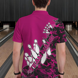 Custom Pink Camo Strike Bowling Polo Shirts For Men, Strike Team Bowling League Shirt Shirt IPHW8444