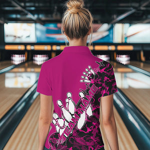 Custom Pink Camo Strike Womens Bowling Polo Shirts, Strike Team Bowling League Shirt Shirt IPHW8444