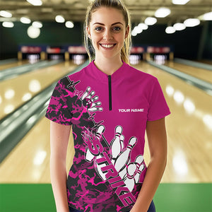 Custom Pink Camo Strike Womens Bowling Quarter-Zip Shirts, Team Bowling League Shirt Shirt IPHW8444