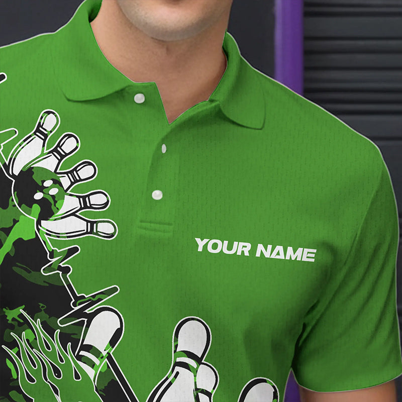 Custom Green Camo Strike Bowling Polo Shirts For Men, Strike Team Bowling League Shirt Shirt IPHW8445