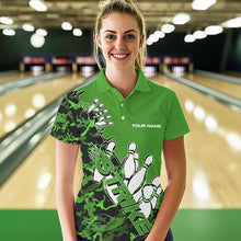 Load image into Gallery viewer, Custom Green Camo Strike Womens Bowling Polo Shirts, Strike Team Bowling League Shirt Shirt IPHW8445