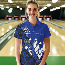 Load image into Gallery viewer, Custom Blue Camo Strike Womens Bowling Polo Shirts, Strike Team Bowling League Shirt Shirt IPHW8446