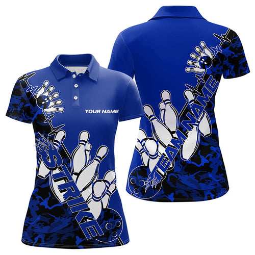 Custom Blue Camo Strike Womens Bowling Polo Shirts, Strike Team Bowling League Shirt Shirt IPHW8446