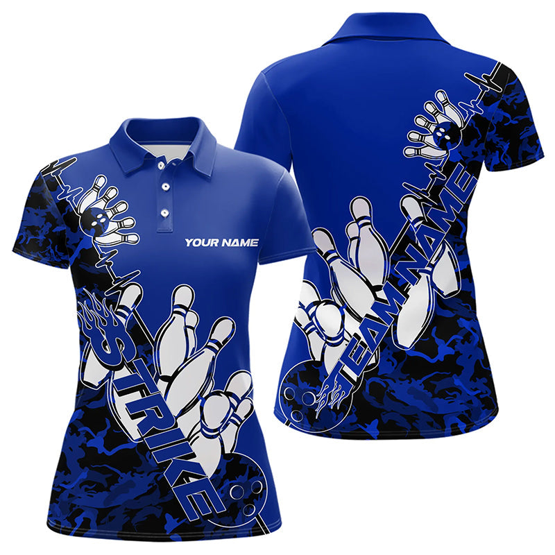 Custom Blue Camo Strike Womens Bowling Polo Shirts, Strike Team Bowling League Shirt Shirt IPHW8446