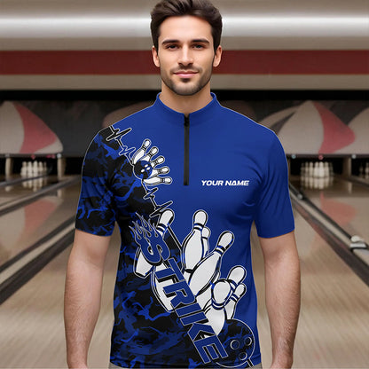 Custom Blue Camo Strike Bowling Quarter-Zip Shirts For Men, Strike Team Bowling League Shirt Shirt IPHW8446