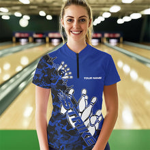 Load image into Gallery viewer, Custom Blue Camo Strike Womens Bowling Quarter-Zip Shirts, Team Bowling League Shirt Shirt IPHW8446