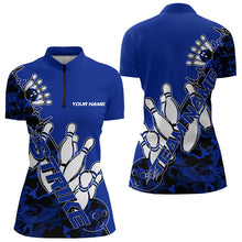 Load image into Gallery viewer, Custom Blue Camo Strike Womens Bowling Quarter-Zip Shirts, Team Bowling League Shirt Shirt IPHW8446