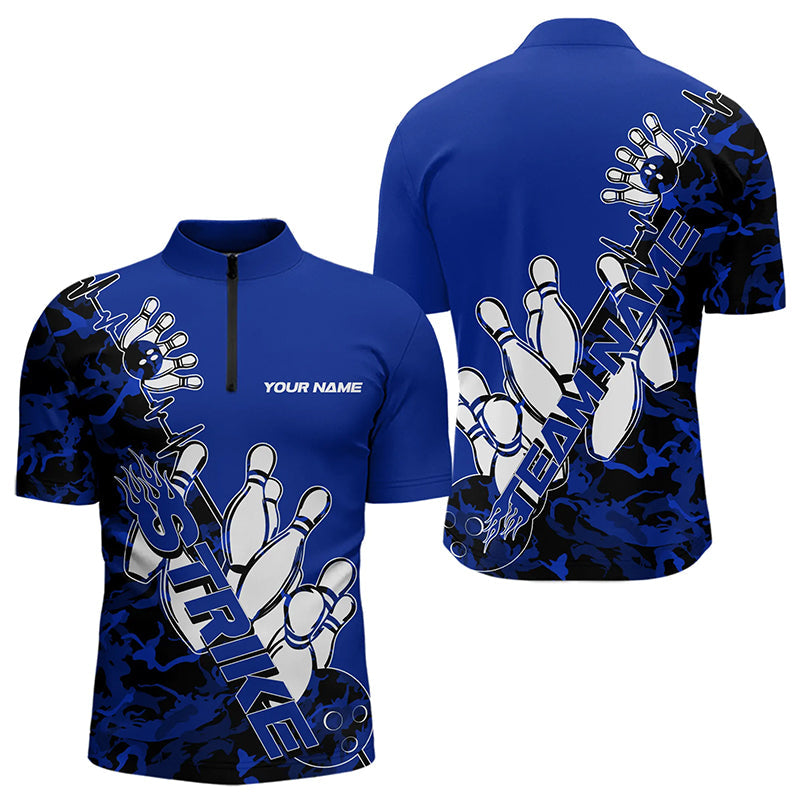 Custom Blue Camo Strike Bowling Quarter-Zip Shirts For Men, Strike Team Bowling League Shirt Shirt IPHW8446