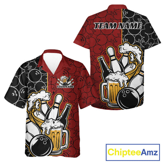 Custom Black And Red Retro Bowling Beer Team Shirts For Men And Women, Bowling Pattern Jerseys IPHW10536