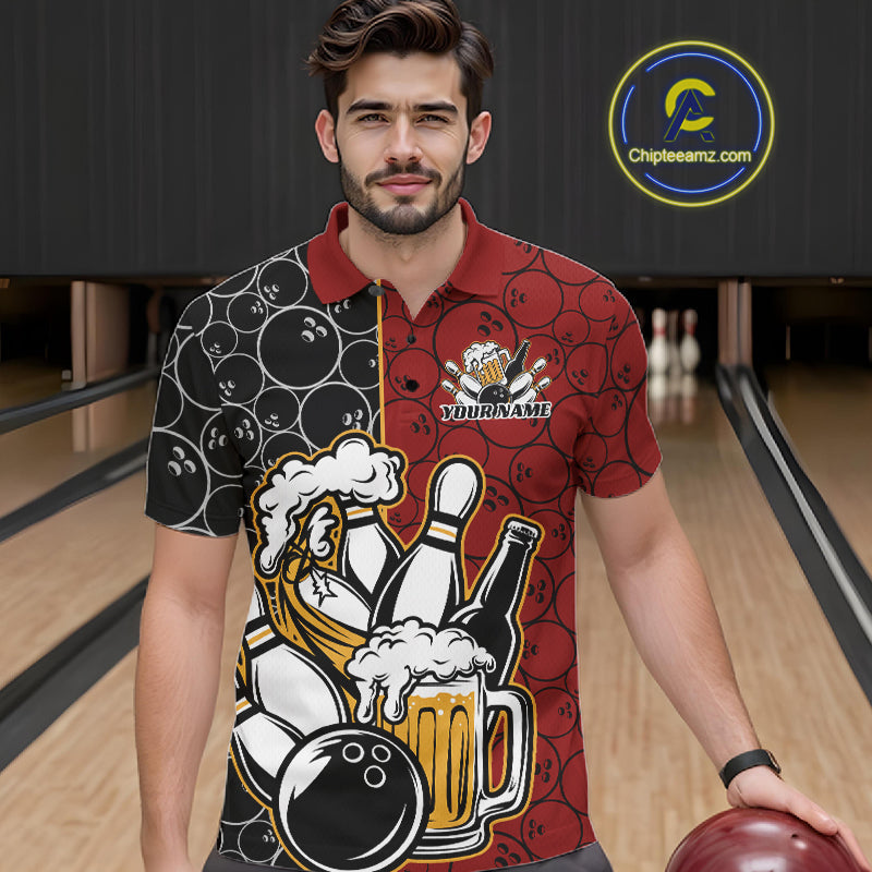 Custom Black And Red Retro Bowling Beer Team Shirts For Men, Bowling Pattern Jerseys IPHW10536