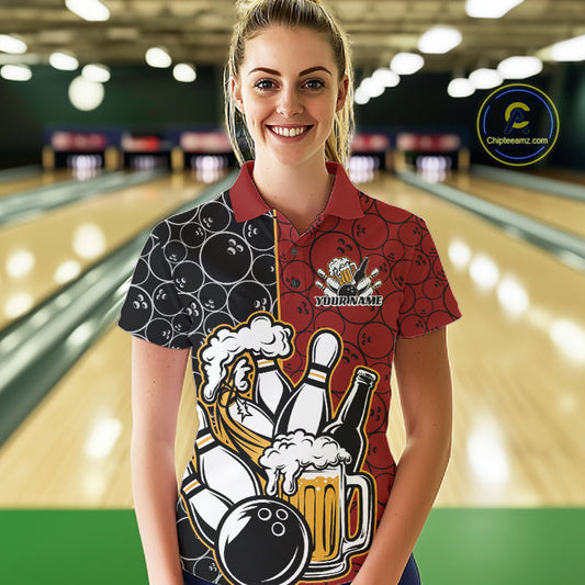 Custom Black And Red Retro Bowling Beer Team Shirts For Women, Bowling Pattern Jerseys IPHW10536
