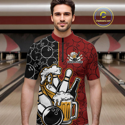 Custom Black And Red Retro Bowling Beer Team Shirts For Men, Bowling Pattern Jerseys IPHW10536