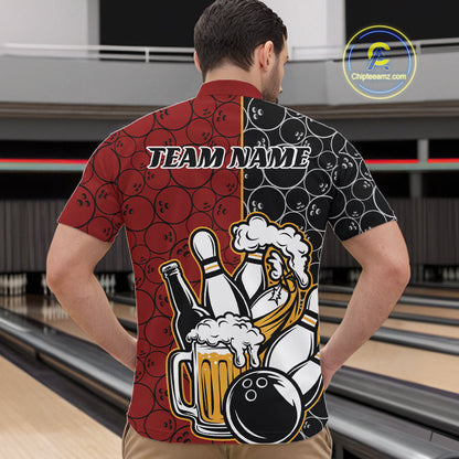 Custom Black And Red Retro Bowling Beer Team Shirts For Men, Bowling Pattern Jerseys IPHW10536