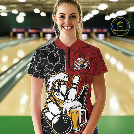 Custom Black And Red Retro Bowling Beer Team Shirts For Women, Bowling Pattern Jerseys IPHW10536