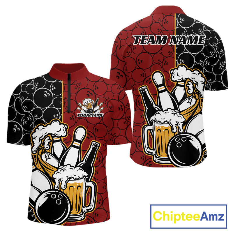 Custom Black And Red Retro Bowling Beer Team Shirts For Men, Bowling Pattern Jerseys IPHW10536