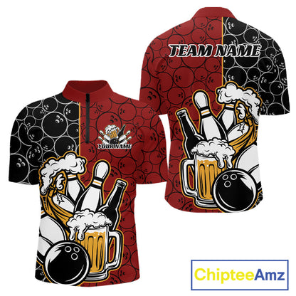 Custom Black And Red Retro Bowling Beer Team Shirts For Men, Bowling Pattern Jerseys IPHW10536