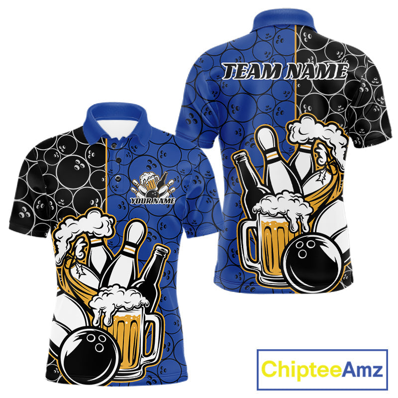 Custom Black And Blue Retro Bowling Beer Team Shirts For Men, Bowling Pattern Jerseys IPHW10537
