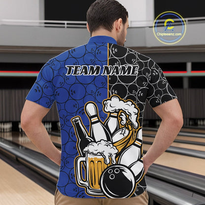 Custom Black And Blue Retro Bowling Beer Team Shirts For Men, Bowling Pattern Jerseys IPHW10537