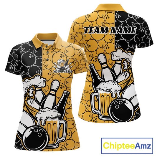 Custom Black And Yellow Retro Bowling Beer Team Shirts For Women, Bowling Pattern Jerseys IPHW10538