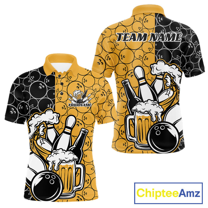 Custom Black And Yellow Retro Bowling Beer Team Shirts For Men, Bowling Pattern Jerseys IPHW10538