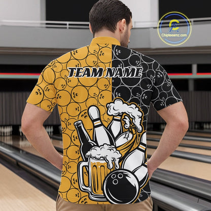 Custom Black And Yellow Retro Bowling Beer Team Shirts For Men, Bowling Pattern Jerseys IPHW10538