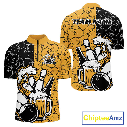 Custom Black And Yellow Retro Bowling Beer Team Shirts For Men, Bowling Pattern Jerseys IPHW10538