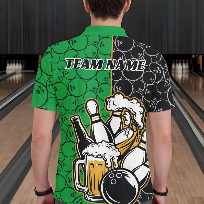 Custom Black And Green Retro Bowling Beer Team Shirts For Men, Bowling Pattern Jerseys IPHW10539