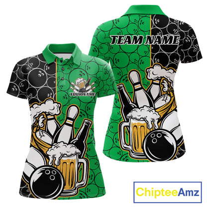 Custom Black And Green Retro Bowling Beer Team Shirts For Women, Bowling Pattern Jerseys IPHW10539