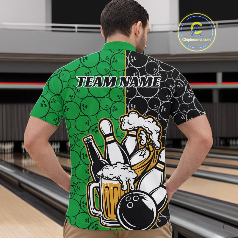 Custom Black And Green Retro Bowling Beer Team Shirts For Men, Bowling Pattern Jerseys IPHW10539