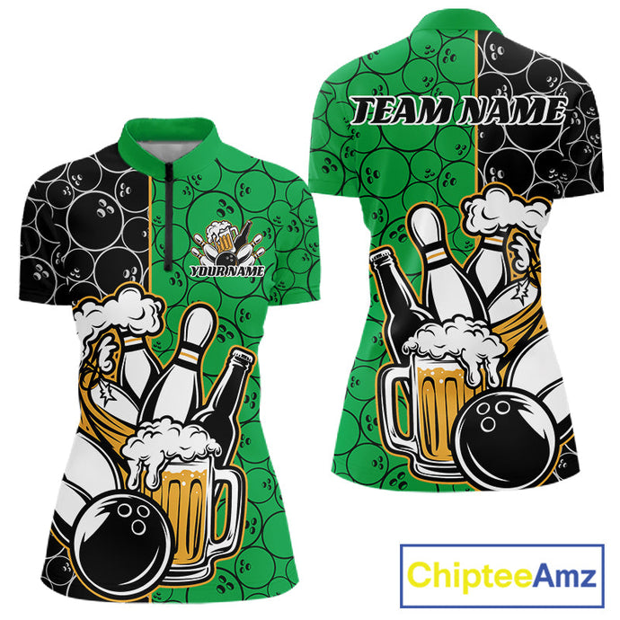 Custom Black And Green Retro Bowling Beer Team Shirts For Women, Bowling Pattern Jerseys IPHW10539