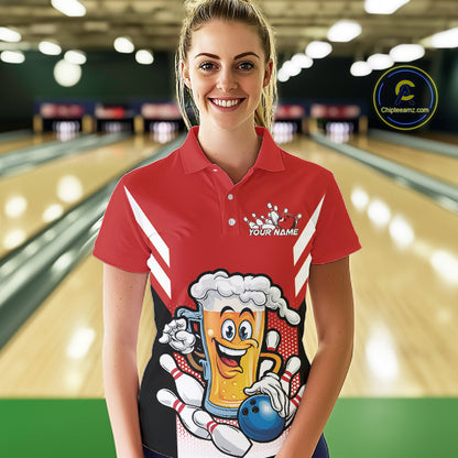 Custom Funny Red Bowling Jerseys Bowling And Beer Women Polo Shirts, Bowling Jerseys IPHW10540