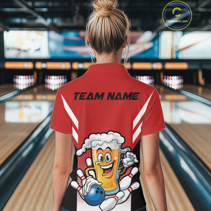 Custom Funny Red Bowling Jerseys Bowling And Beer Women Shirts, Bowling Jerseys IPHW10540