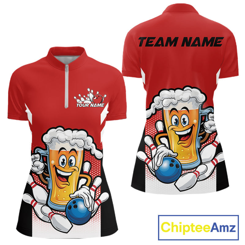 Custom Funny Red Bowling Jerseys Bowling And Beer Women Shirts, Bowling Jerseys IPHW10540